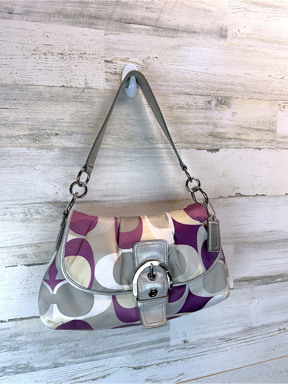 Coach Soho Purple Gray Op Art Satin Shoulder Bag Silver Buckle Hobo Purse - Picture 3 of 12